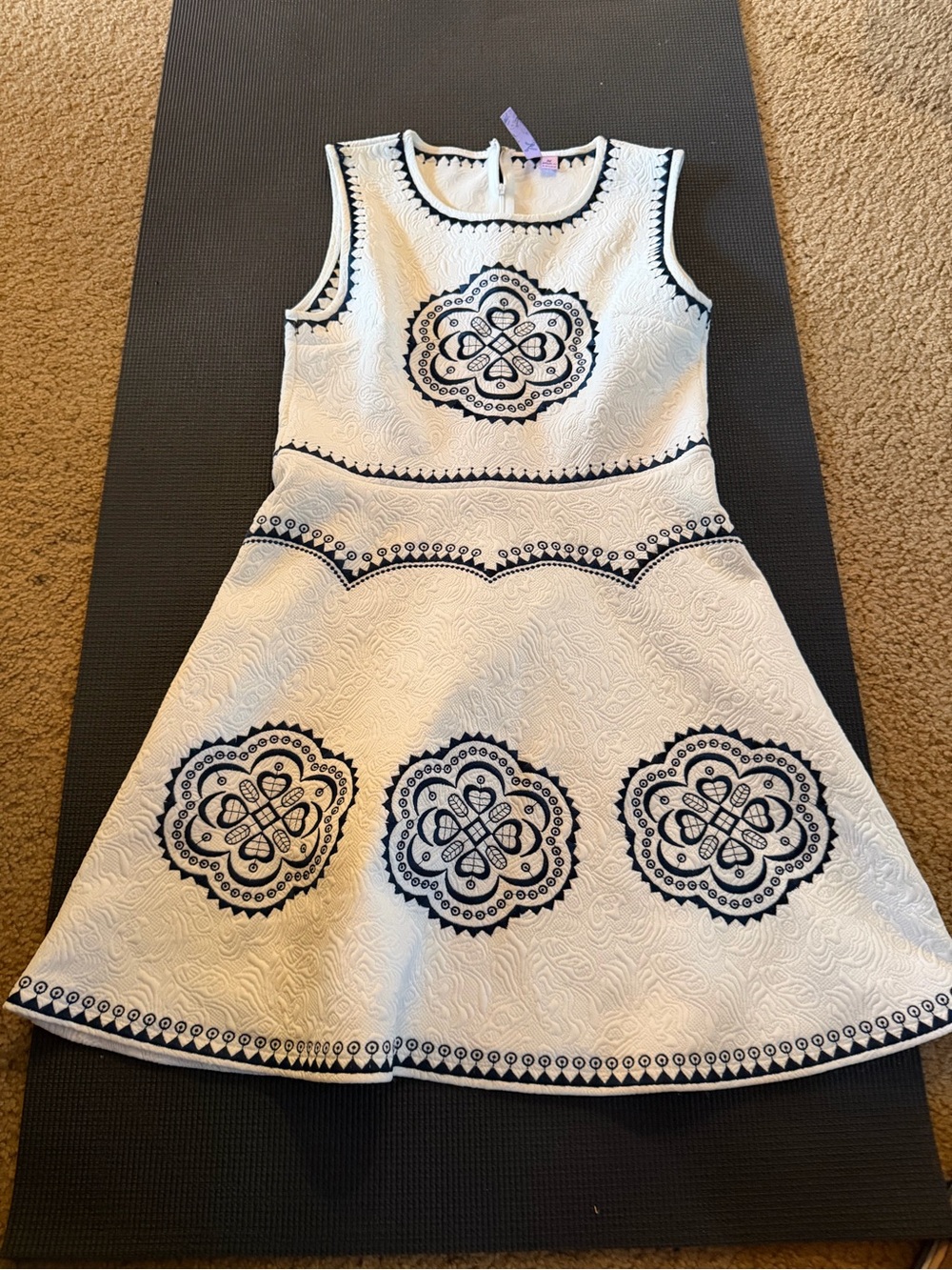 Retro, Mod.  SummerWhite Midi Dress with Navy Embroidery